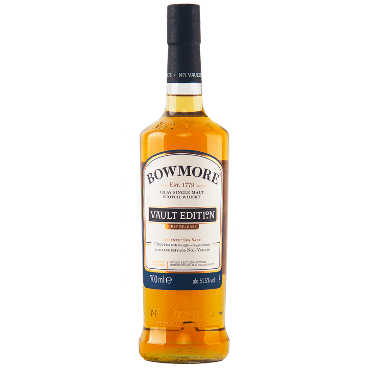 A 700 ml bottle of Bowmore Vault Edition Atlantic Sea Salt (First Release) Single Malt Scotch Whisky from No.1 Vaults, with a cream and navy label, gold accents, and bottled at 51.5% ABV.