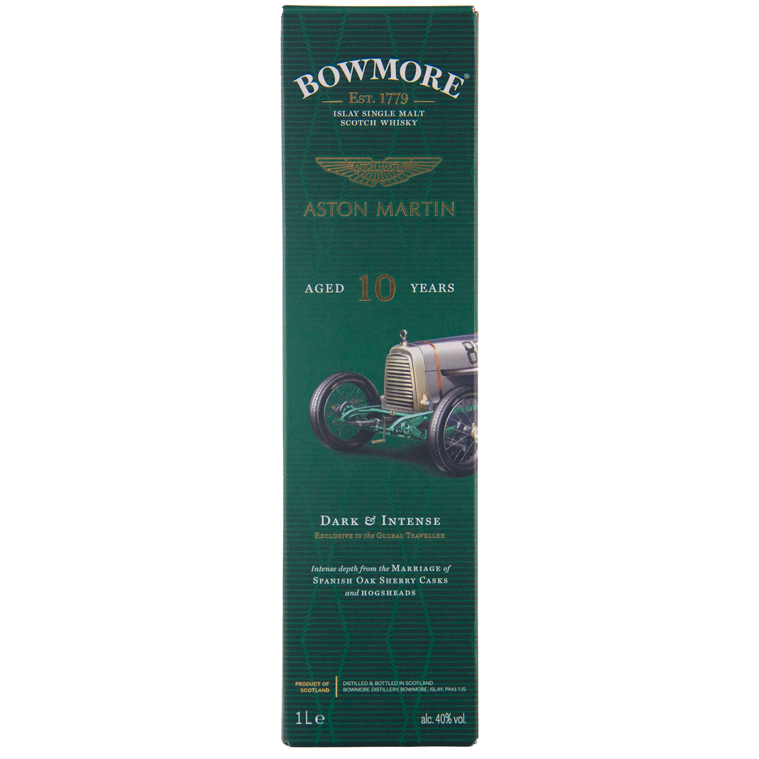 Green box packaging for Bowmore 10 Year Old Aston Martin Edition 7 Single Malt Scotch Whisky, featuring a vintage racing car, gold text highlighting its age, dark and intense flavor, 1L size, and limited edition status.