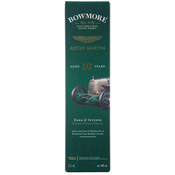 Green box packaging for Bowmore 10 Year Old Aston Martin Edition 7 Single Malt Scotch Whisky, featuring a vintage racing car, gold text highlighting its age, dark and intense flavor, 1L size, and limited edition status.