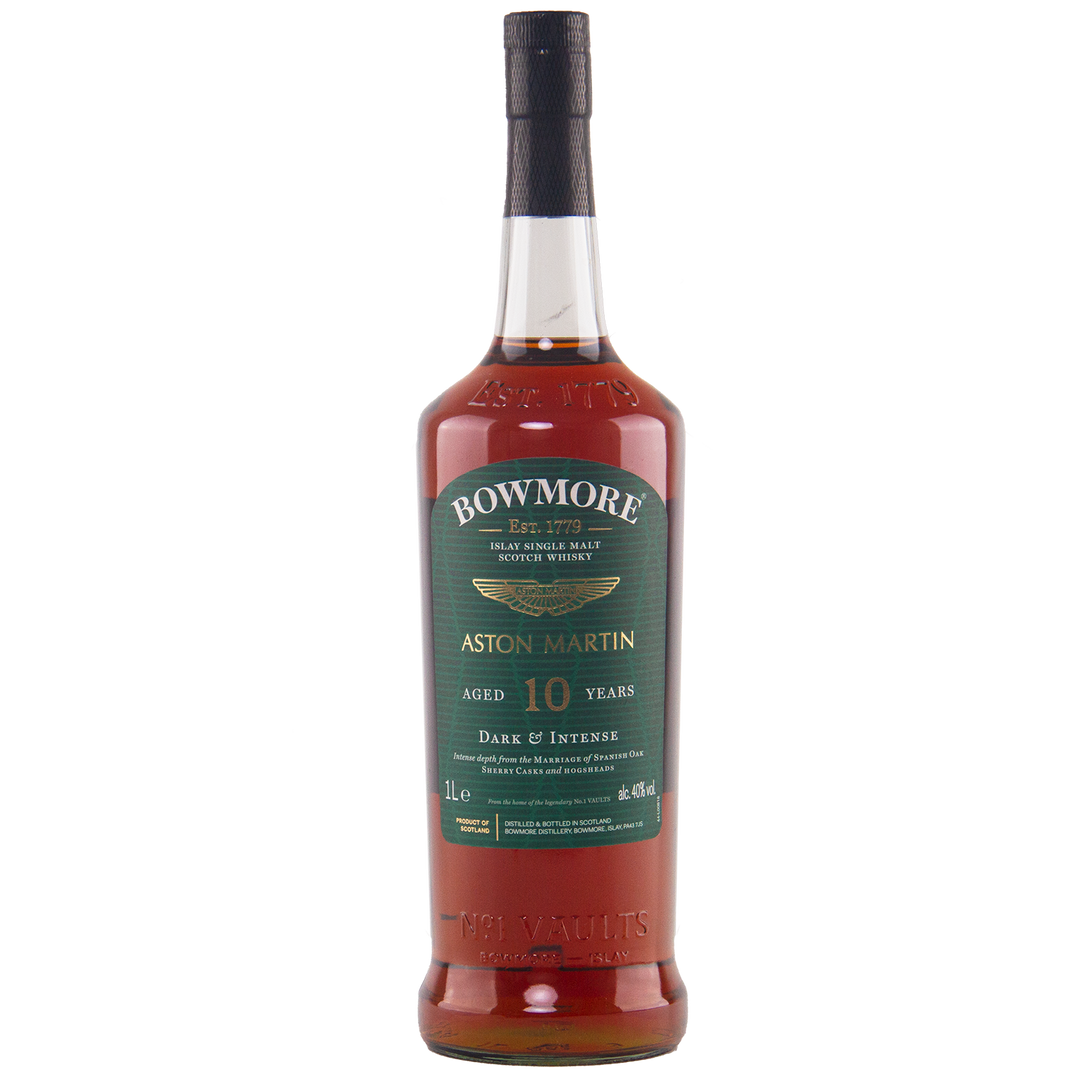 A 1-liter bottle of Bowmore 10 Year Old Aston Martin Edition 7 Single Malt Scotch Whisky, featuring a green label with gold and white text, black cap, dark amber hue, and limited edition design.