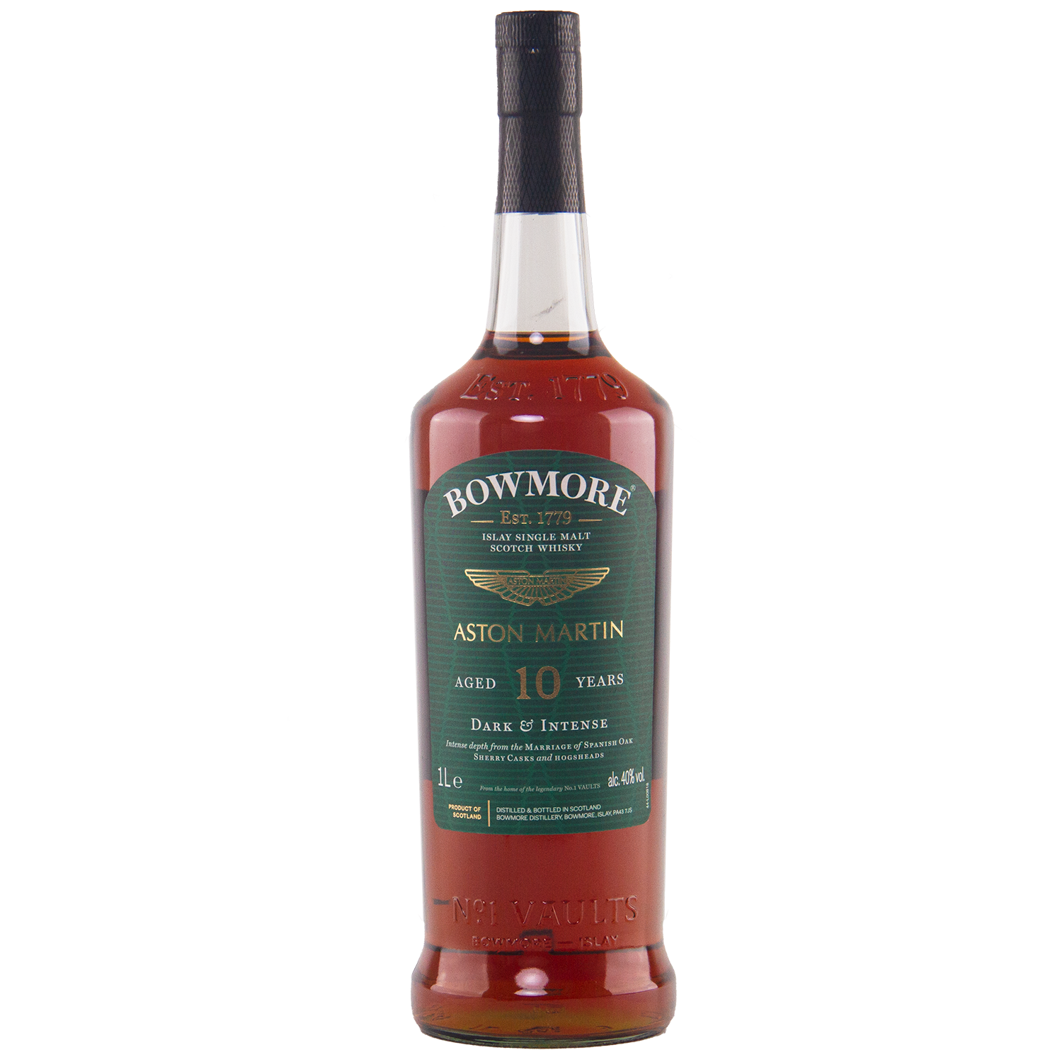 A 1-liter bottle of Bowmore 10 Year Old Aston Martin Edition 7 Single Malt Scotch Whisky, featuring a green label with gold and white text, black cap, dark amber hue, and limited edition design.