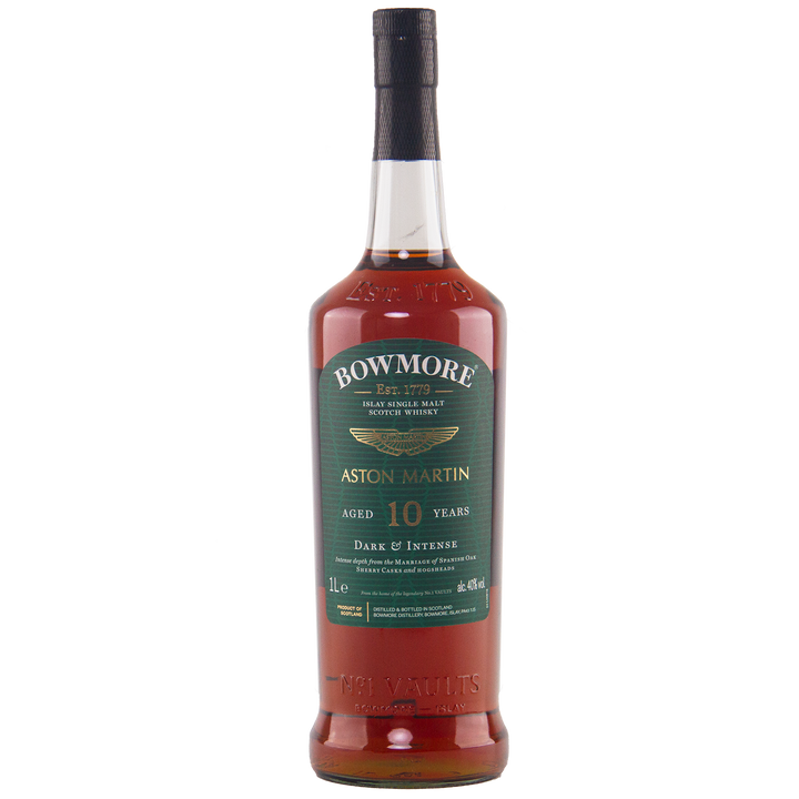A 1-liter bottle of Bowmore 10 Year Old Aston Martin Edition 7 Single Malt Scotch Whisky, featuring a green label with gold and white text, black cap, dark amber hue, and limited edition design.