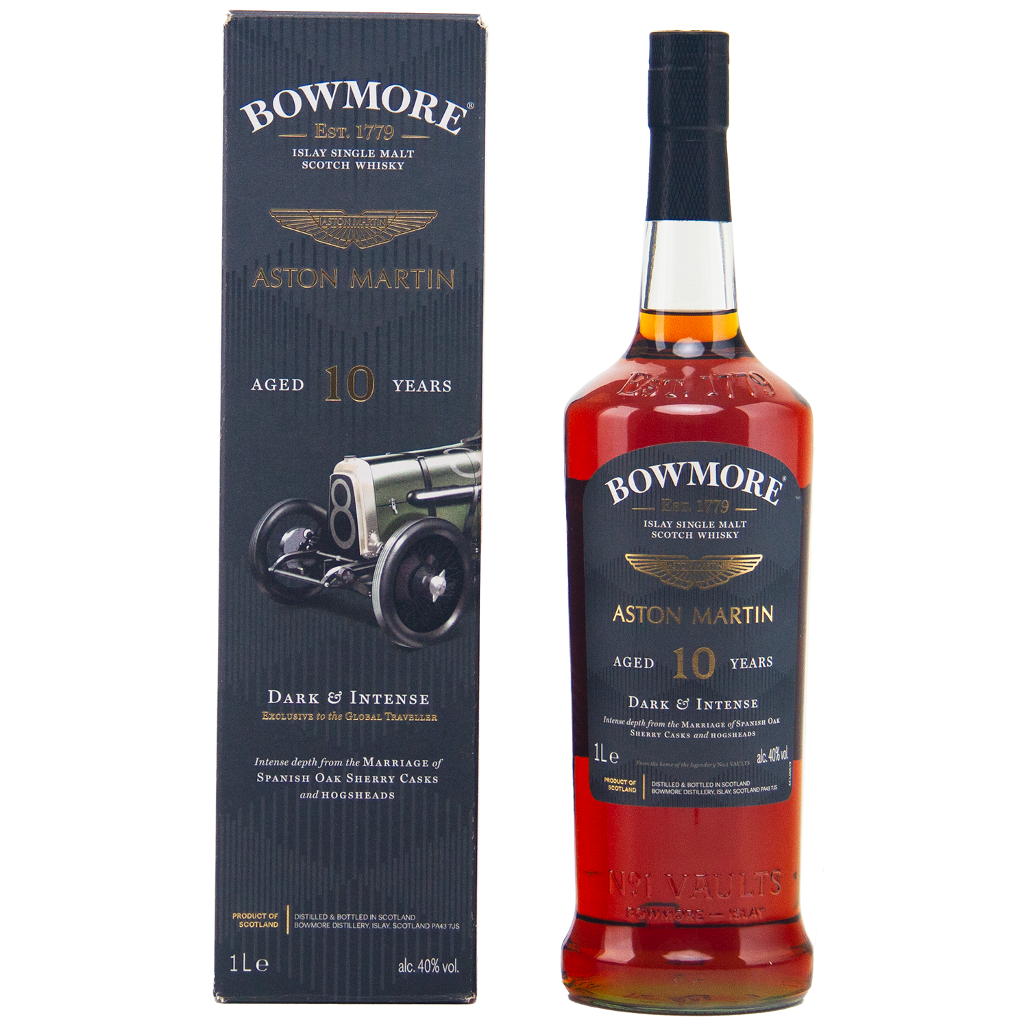 A bottle of Bowmore 10 Year Old Aston Martin Edition #4 Single Malt Scotch Whisky stands beside its branded box, both with gold and black labels featuring "Aged 10 Years" and dynamic car imagery on the box.