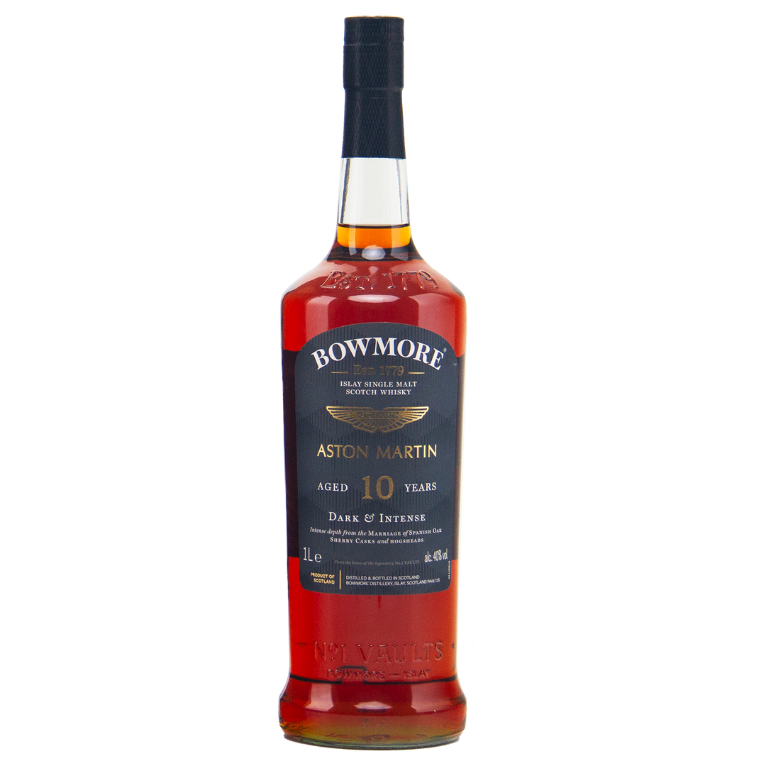 A bottle of Bowmore 10 Year Old Aston Martin Edition #4 Single Malt Scotch Whisky, featuring a dark label with gold and white text and amber liquid, stands upright against a plain white background.