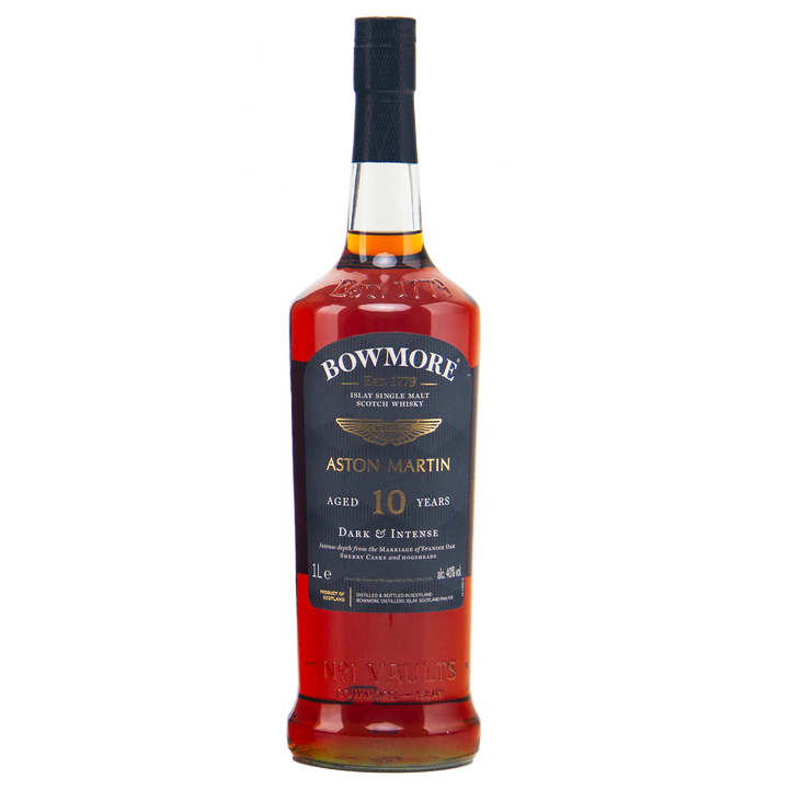 A bottle of Bowmore 10 Year Old Aston Martin Edition #4 Single Malt Scotch Whisky, featuring a dark label with gold and white text and amber liquid, stands upright against a plain white background.