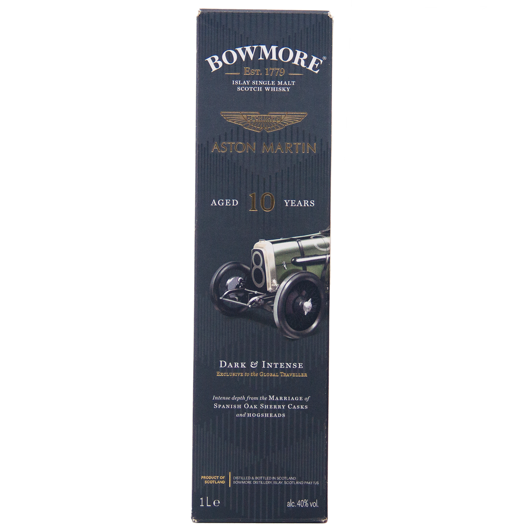 The Bowmore 10 Year Old Aston Martin Edition #4 Single Malt Scotch Whisky box features gold text, a classic green Aston Martin car, and emphasizes its Dark & Intense profile, 1L size, and 40% ABV.