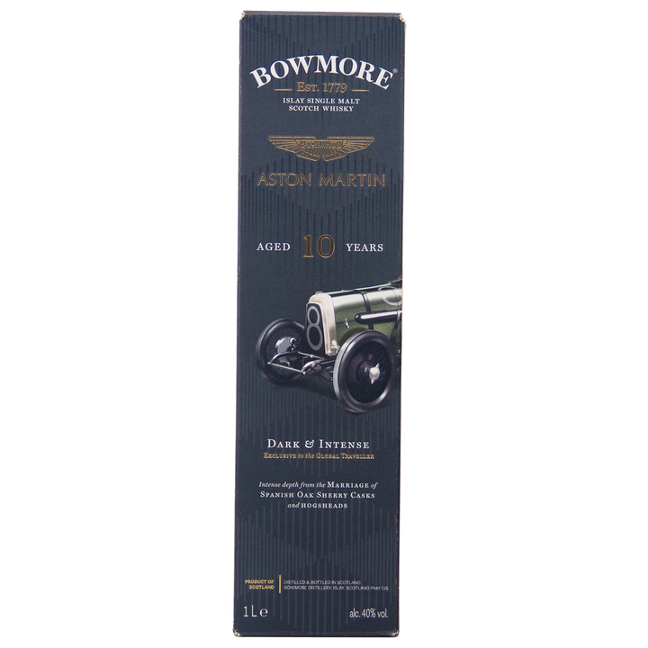 The Bowmore 10 Year Old Aston Martin Edition #4 Single Malt Scotch Whisky box features gold text, a classic green Aston Martin car, and emphasizes its Dark & Intense profile, 1L size, and 40% ABV.