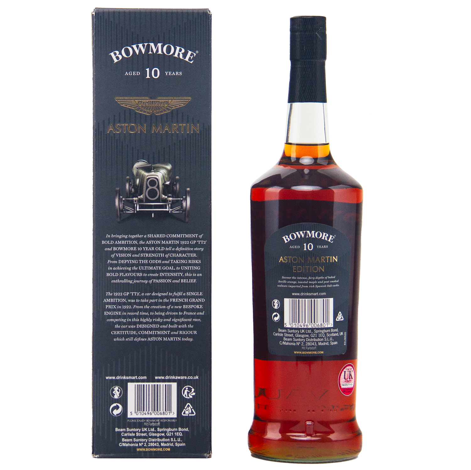 A bottle of Bowmore 10 Year Old Aston Martin Edition #4 Single Malt Scotch Whisky stands beside its matching box, adorned with gold text, a classic car graphic, the Aston Martin logo, and detailed product information.