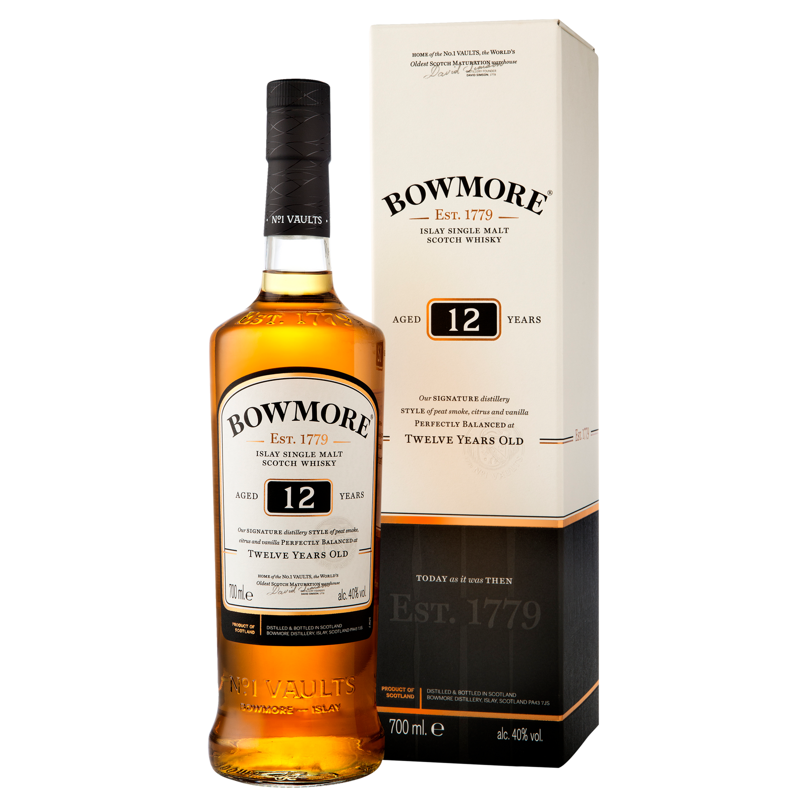 A 700ml bottle of Bowmore 12 Year Old Single Malt Scotch Whisky stands before its matching cream and black box, featuring a label that highlights its age, Islay origins, signature balance, and 40% ABV.