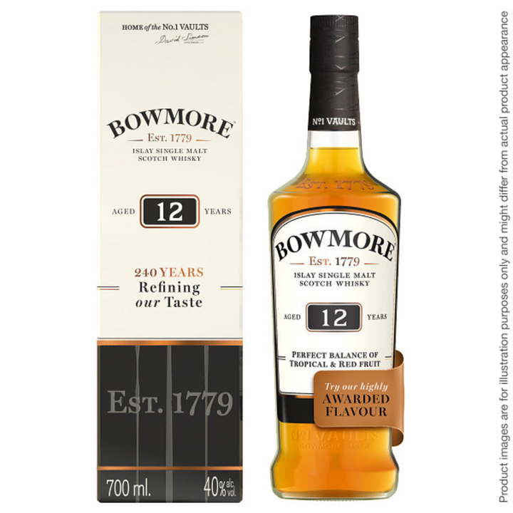 A bottle of Bowmore 12 Year Old Single Malt Scotch Whisky stands next to its box, with a label stating Aged 12 Years, 240 Years Refining our Taste, and 700ml, 40% vol.