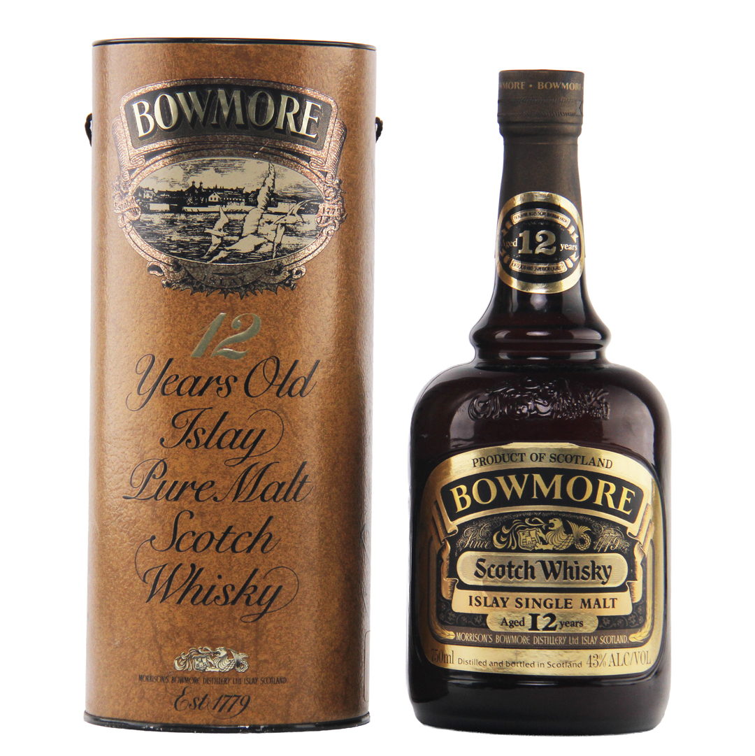 Bowmore 12-year-old Islay Single Malt Scotch Whisky bottle and packaging on a white background