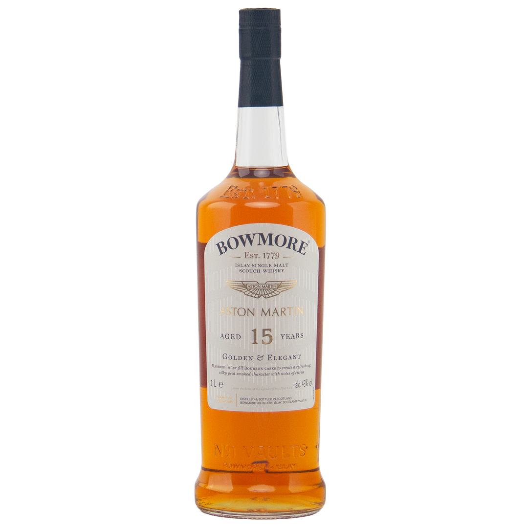 A 1-liter bottle of Bowmore 15 Year Old Aston Martin Edition #2 Single Malt Scotch Whisky stands upright, featuring a gold and white label and amber liquid, set against a plain white background.