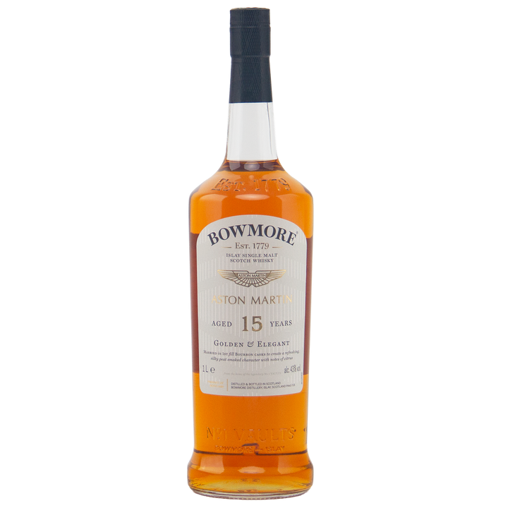 A 1-liter bottle of Bowmore 15 Year Old Aston Martin Edition #2 Single Malt Scotch Whisky stands upright, featuring a gold and white label and amber liquid, set against a plain white background.