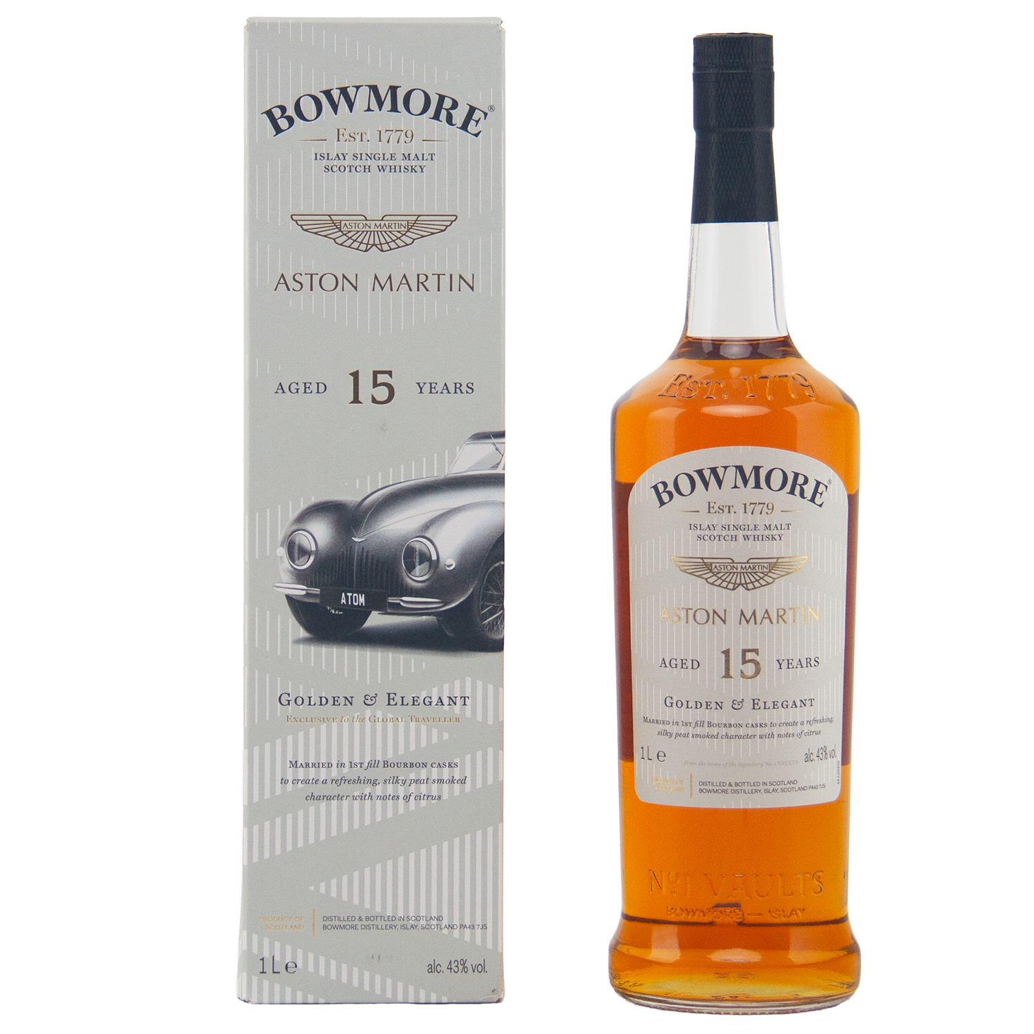 A bottle of Bowmore 15 Year Old Aston Martin Edition #2 Single Malt Scotch Whisky stands beside its box, which features a classic Aston Martin car and gold-silver detailing. The label confirms it’s aged 15 years.