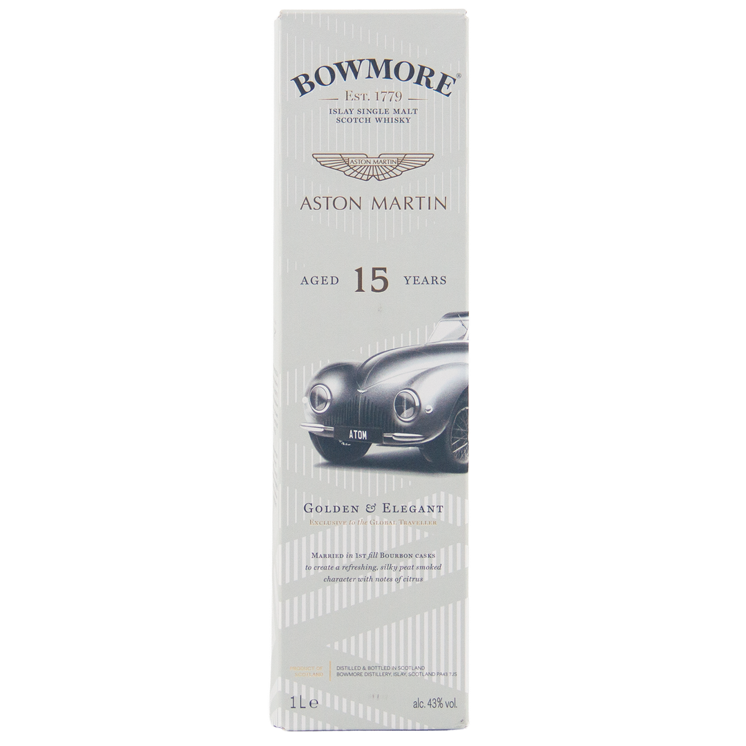 Tall, rectangular box for Bowmore 15 Year Old Aston Martin Edition #2 Single Malt Scotch Whisky with a classic Aston Martin illustration and gold, silver, and black text on a light background.