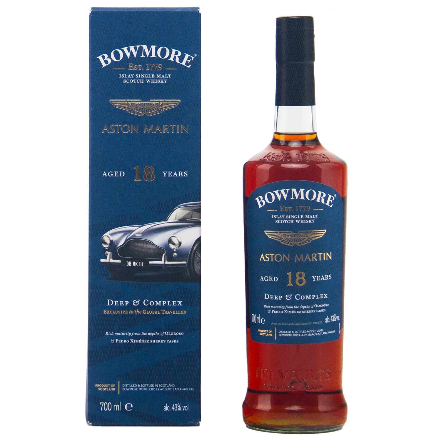 A bottle of Bowmore 18 Year Old Aston Martin Edition #3 Single Malt Scotch Whisky stands by its blue box, featuring a classic Aston Martin car illustration and gold text highlighting the whisky’s age and edition details.