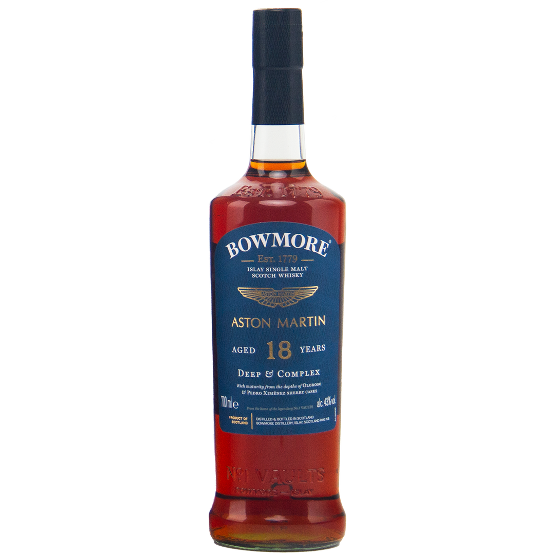 A bottle of Bowmore 18 Year Old Aston Martin Edition #3 Single Malt Scotch Whisky with a blue label and gold text, highlighting its age, Islay origin, and Deep & Complex tasting notes.
