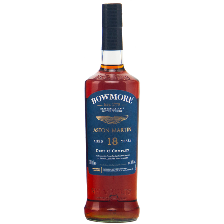A bottle of Bowmore 18 Year Old Aston Martin Edition #3 Single Malt Scotch Whisky with a blue label and gold text, highlighting its age, Islay origin, and Deep & Complex tasting notes.