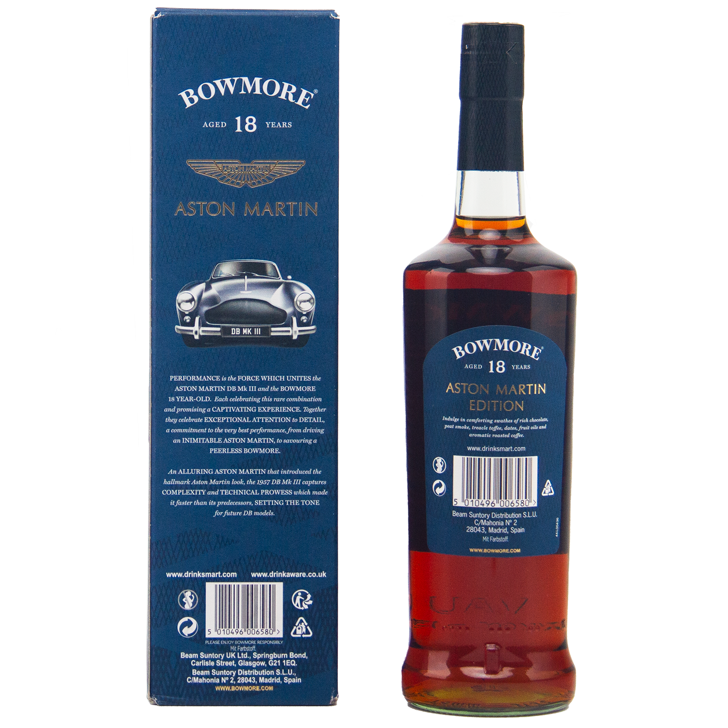 A bottle of Bowmore 18 Year Old Aston Martin Edition #3 Single Malt Scotch Whisky is displayed next to its blue box, featuring a classic Aston Martin car image, gold branding, and detailed product information.