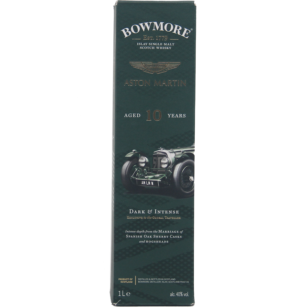 Dark green box of Bowmore 10 Year Old Aston Martin Edition 1 Dark & Intense Single Malt Scotch Whisky, featuring a vintage Aston Martin car and gold text describing it as Dark & Intense.