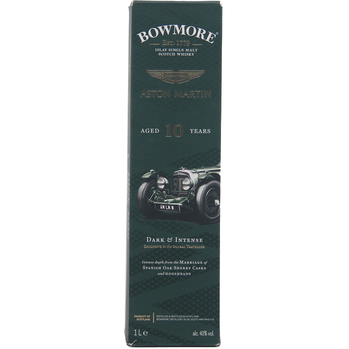 Dark green box of Bowmore 10 Year Old Aston Martin Edition 1 Dark & Intense Single Malt Scotch Whisky, featuring a vintage Aston Martin car and gold text describing it as Dark & Intense.