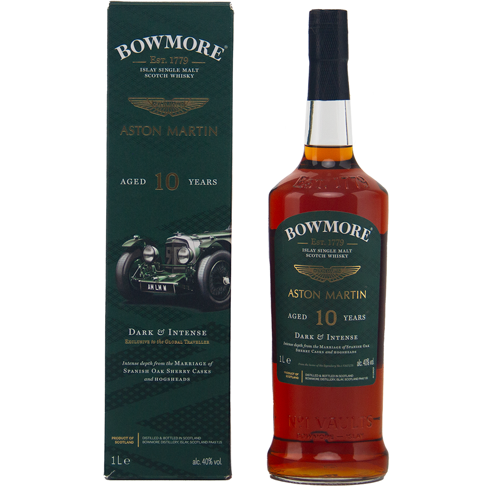 A bottle of Bowmore 10 Year Old Aston Martin Edition 1 Dark & Intense Single Malt Scotch Whisky stands beside its green box, featuring a classic Aston Martin car and gold text showcasing the whisky’s age and character.