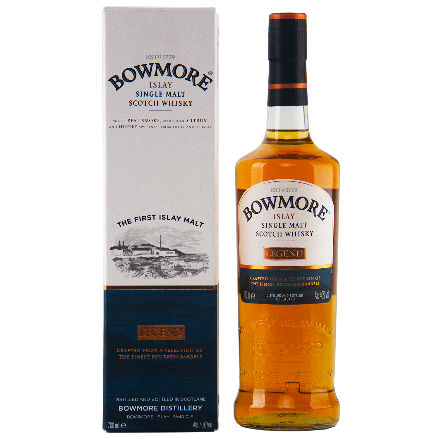 A bottle of Bowmore Legend Islay Single Malt Scotch Whisky stands beside its matching box, both showcasing Islay origins, peated heritage, and golden amber liquid with detailed text on the labels.