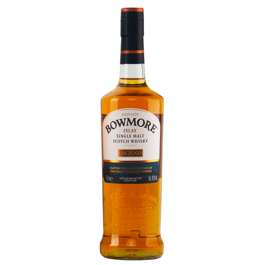 A bottle of Bowmore Legend Islay Single Malt Scotch Whisky, with amber liquid and a black-orange cap, displayed against a plain white background.