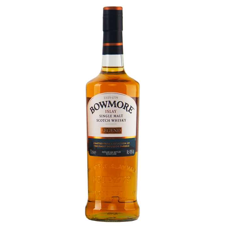 A bottle of Bowmore Legend Islay Single Malt Scotch Whisky, with amber liquid and a black-orange cap, displayed against a plain white background.