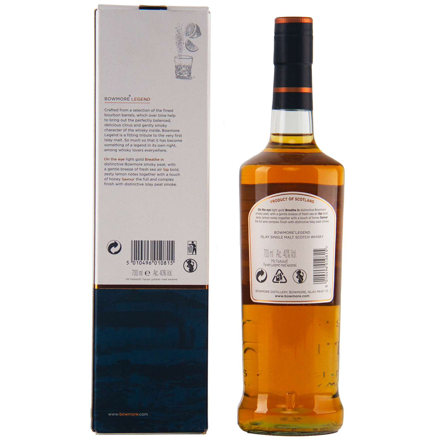 A bottle of Bowmore Legend Islay Single Malt Scotch Whisky and its box are displayed side by side, showing their back labels with product details, barcodes, and branding against a white background.