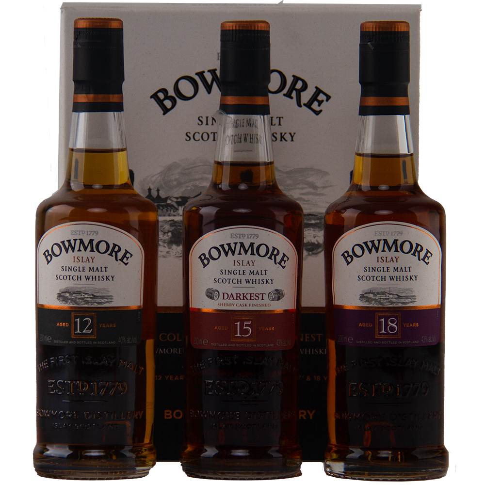 The Bowmore Collection 12, 15 & 18 Year Old (200ml Set) Single Malt Scotch Whisky features three bottles with rich amber tones and classic labels, displayed in front of a Bowmore-branded box.