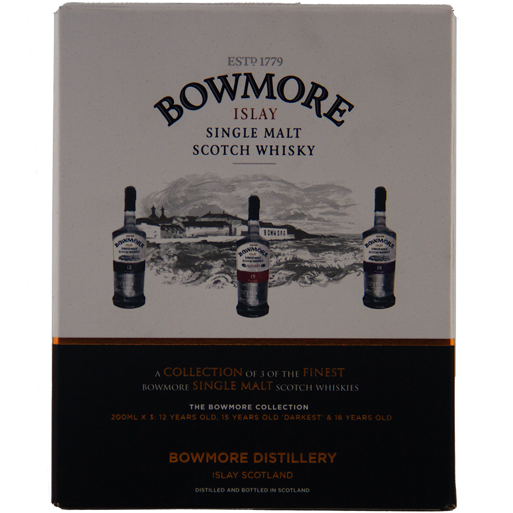 Showcasing three bottles of Bowmore Collection 12, 15 & 18 Year Old (200ml Set) Single Malt Scotch Whisky, this box features the Bowmore Distillery and highlights these expertly aged Islay whiskies known for their exceptional character.
