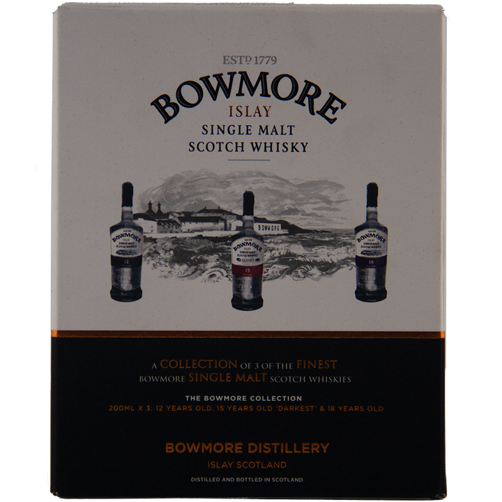 Showcasing three bottles of Bowmore Collection 12, 15 & 18 Year Old (200ml Set) Single Malt Scotch Whisky, this box features the Bowmore Distillery and highlights these expertly aged Islay whiskies known for their exceptional character.