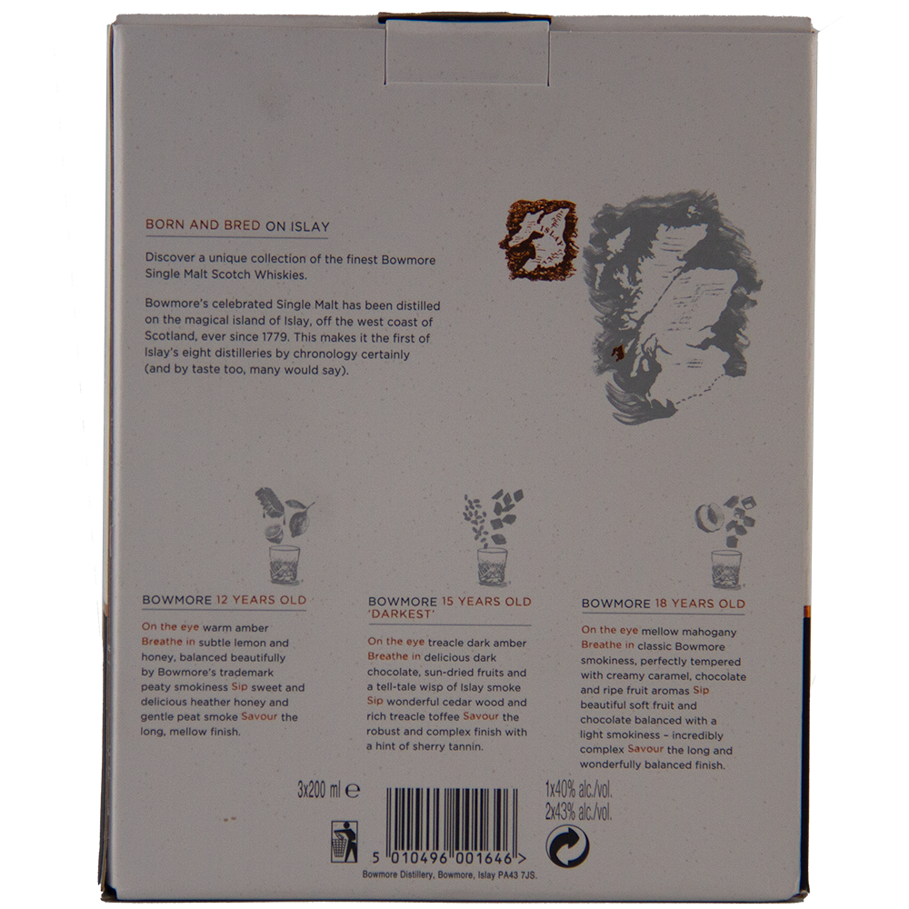 The Bowmore Collection 12, 15 & 18 Year Old (200ml Set) Single Malt Scotch Whisky box features illustrations and tasting notes for each Islay whisky, highlighting the unique flavors of the 12, 15 Darkest, and 18 Year Olds.