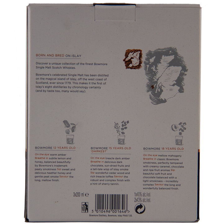 The Bowmore Collection 12, 15 & 18 Year Old (200ml Set) Single Malt Scotch Whisky box features illustrations and tasting notes for each Islay whisky, highlighting the unique flavors of the 12, 15 Darkest, and 18 Year Olds.