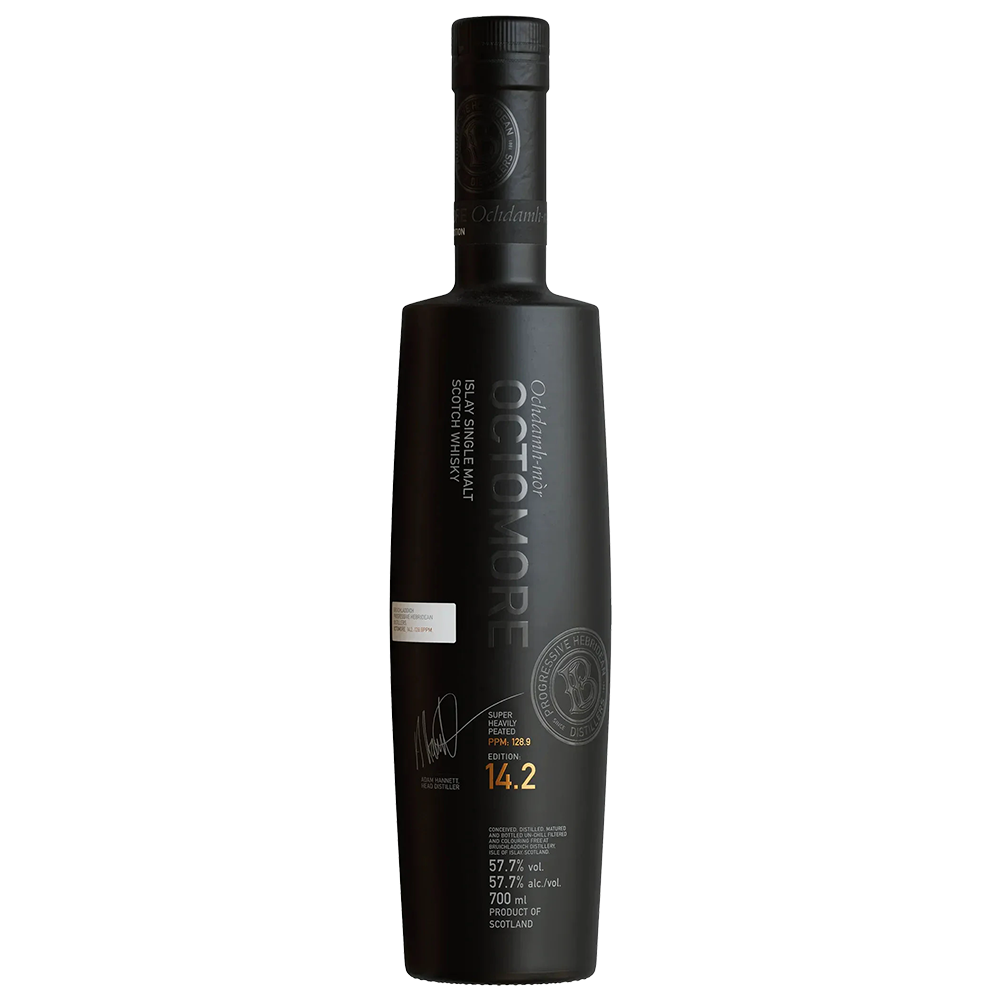 A black matte bottle of Octomore Edition 14.2 Single Malt Scotch Whisky, a heavily peated Islay malt, with silver and gold text, signatures, seal, a tall neck, and a sleek black cap.