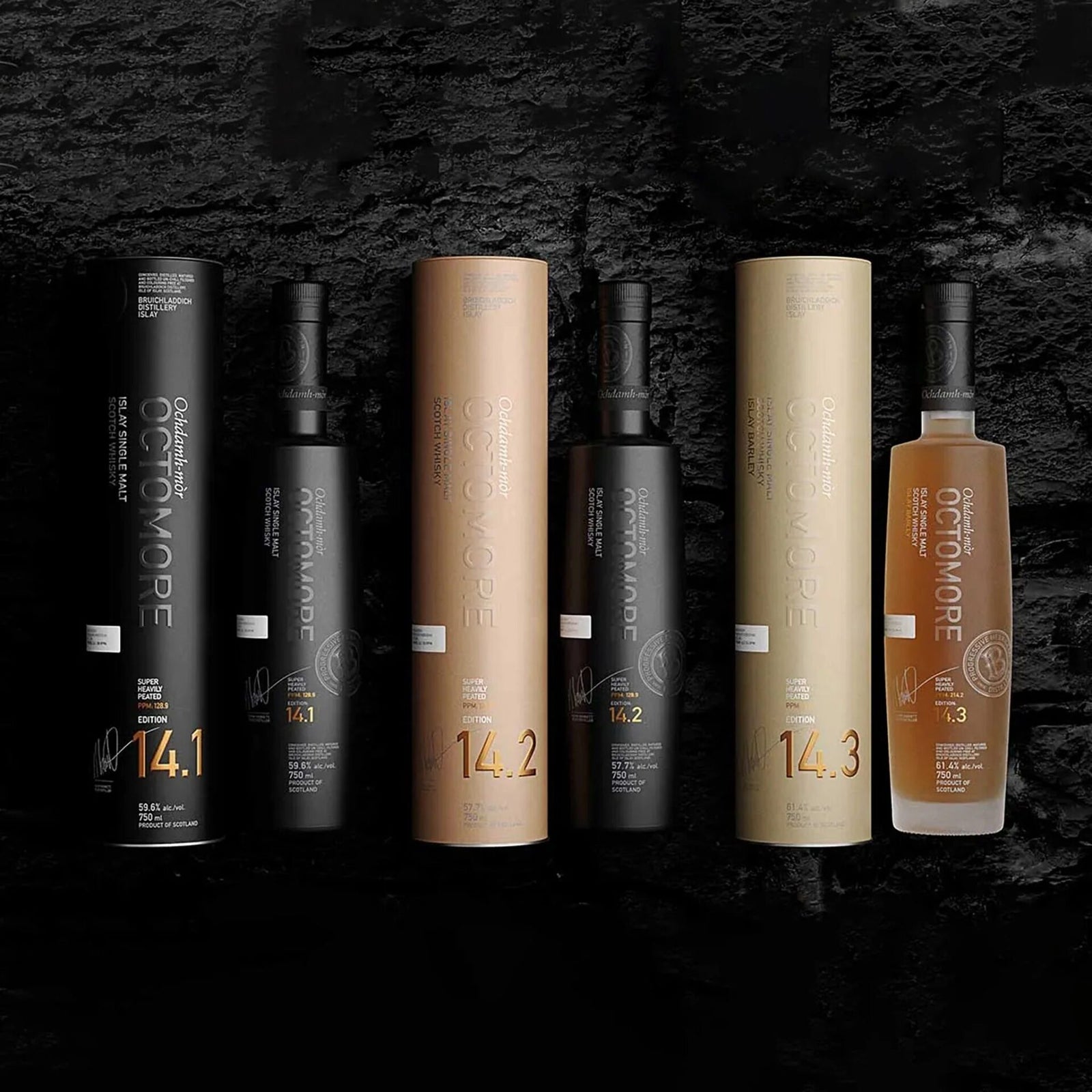 Five bottles of Octomore Edition 14.1 Single Malt Scotch Whisky, each in its cylindrical packaging, are displayed upright against a black textured background, highlighting this renowned Islay whisky.