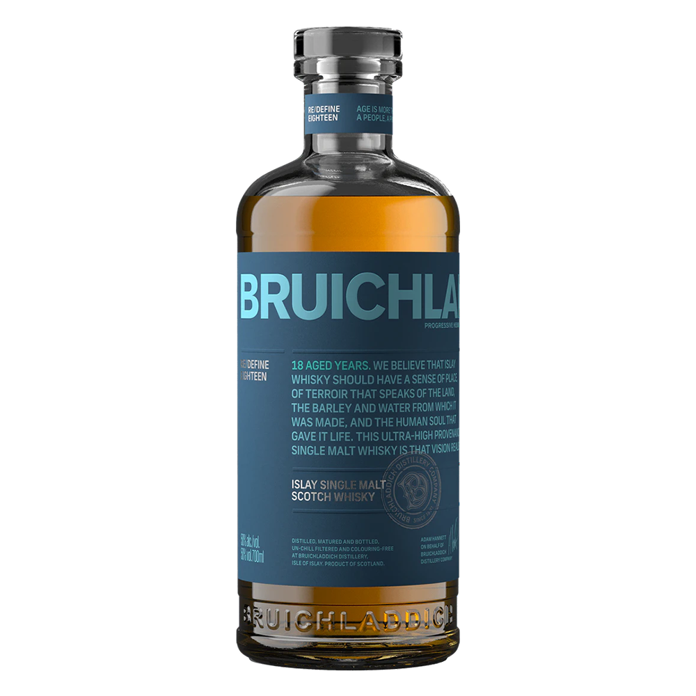 A bottle of Bruichladdich 18 Year Old Single Malt Scotch Whisky with a blue label, clear glass, and amber liquid stands against a plain white background.