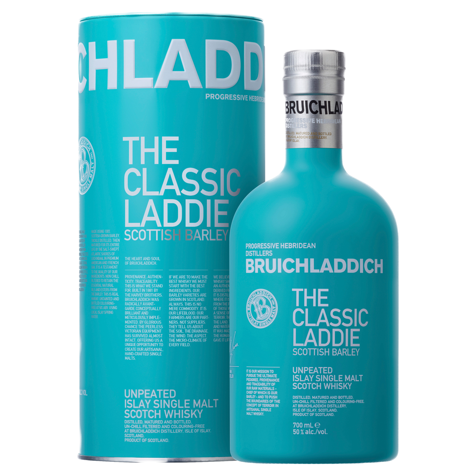 A teal bottle of Bruichladdich The Classic Laddie Single Malt Scotch Whisky stands beside its matching cylindrical box, both accented with white and light blue text highlighting the whisky’s origins and specifications.