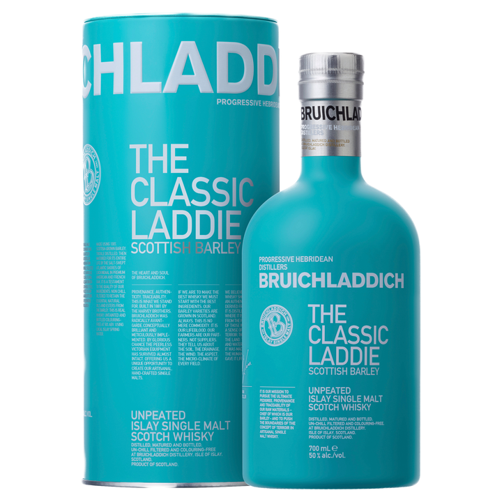 A teal bottle of Bruichladdich The Classic Laddie Single Malt Scotch Whisky stands beside its matching cylindrical box, both accented with white and light blue text highlighting the whisky’s origins and specifications.