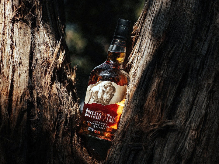 A bottle of Buffalo Trace bourbon whiskey rests between two weathered tree trunks in a dark outdoor setting. The amber liquid inside the clear glass bottle is illuminated by dramatic light, highlighting the label with a buffalo graphic and the red Buffalo Trace branding.