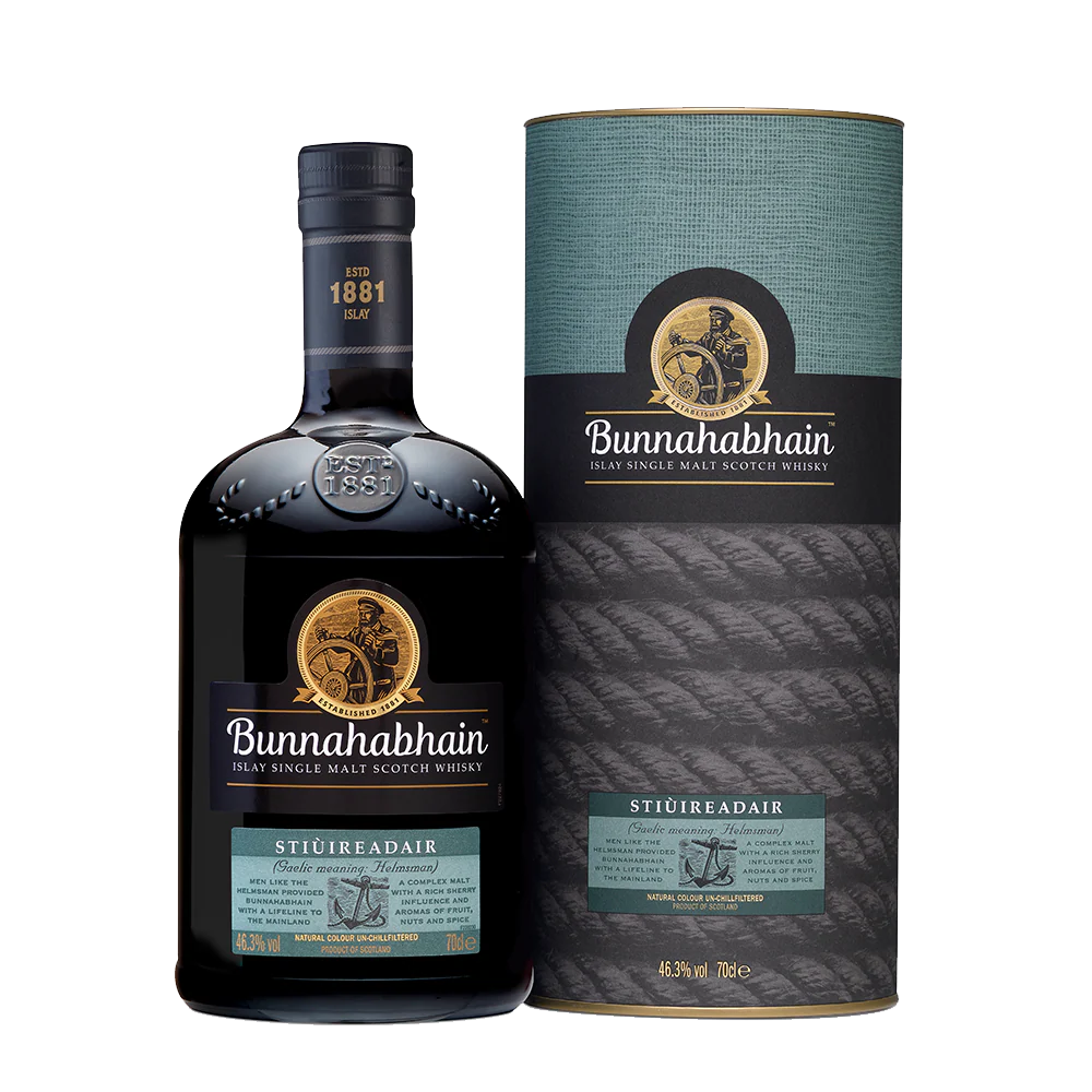Bottle and box of Bunnahabhain Islay Single Malt Scotch Whisky on a white background