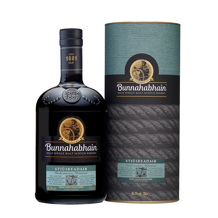 Bottle and box of Bunnahabhain Islay Single Malt Scotch Whisky on a white background