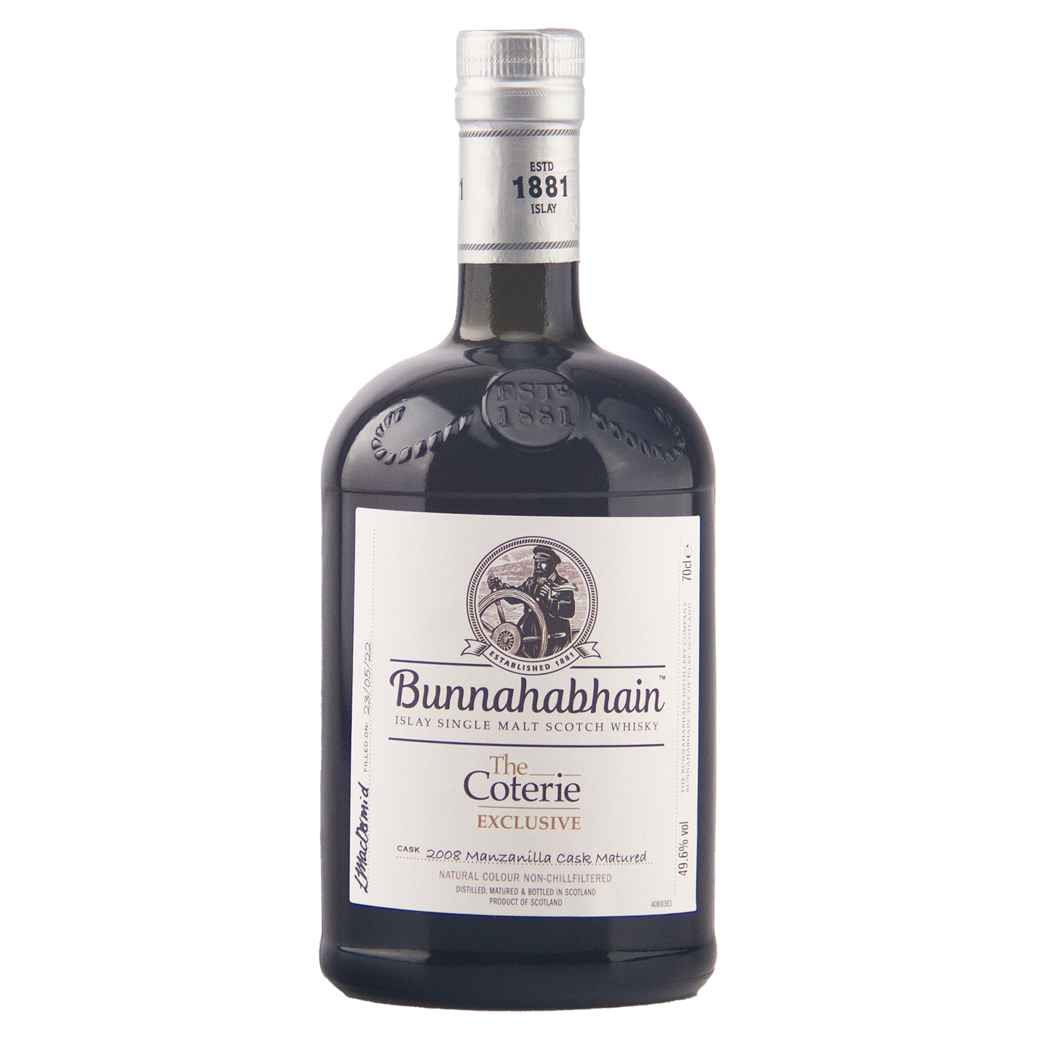 A bottle of Bunnahabhain The Coterie Exclusive single malt scotch whisky on a plain white background.