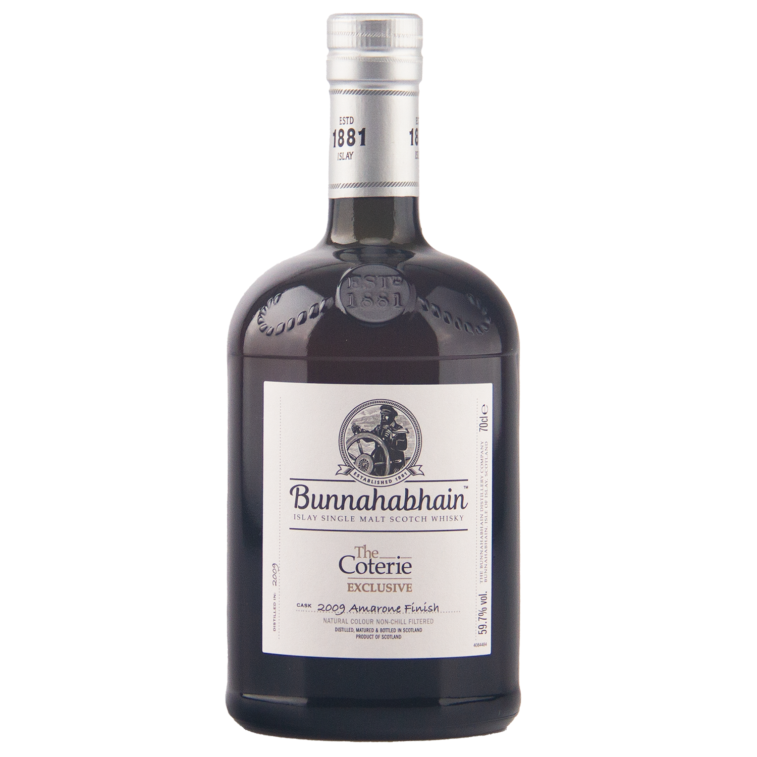 A bottle of Bunnahabhain The Coterie Exclusive 2005 Ammunted Finish single malt Scotch whisky on a plain white background.