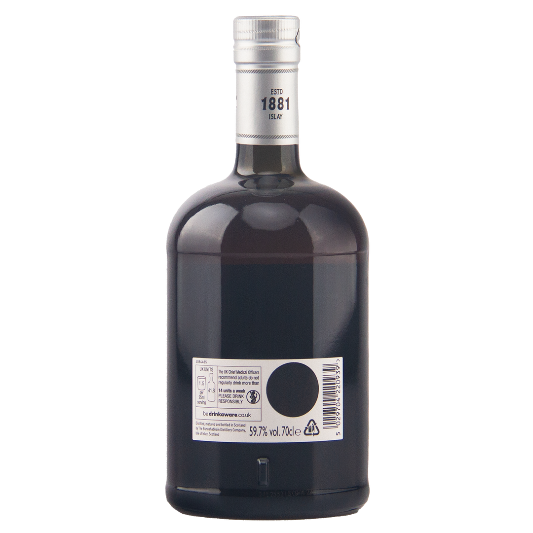 A dark glass bottle of Bruges 1881 brand liqueur, shown from the back against a plain white background.