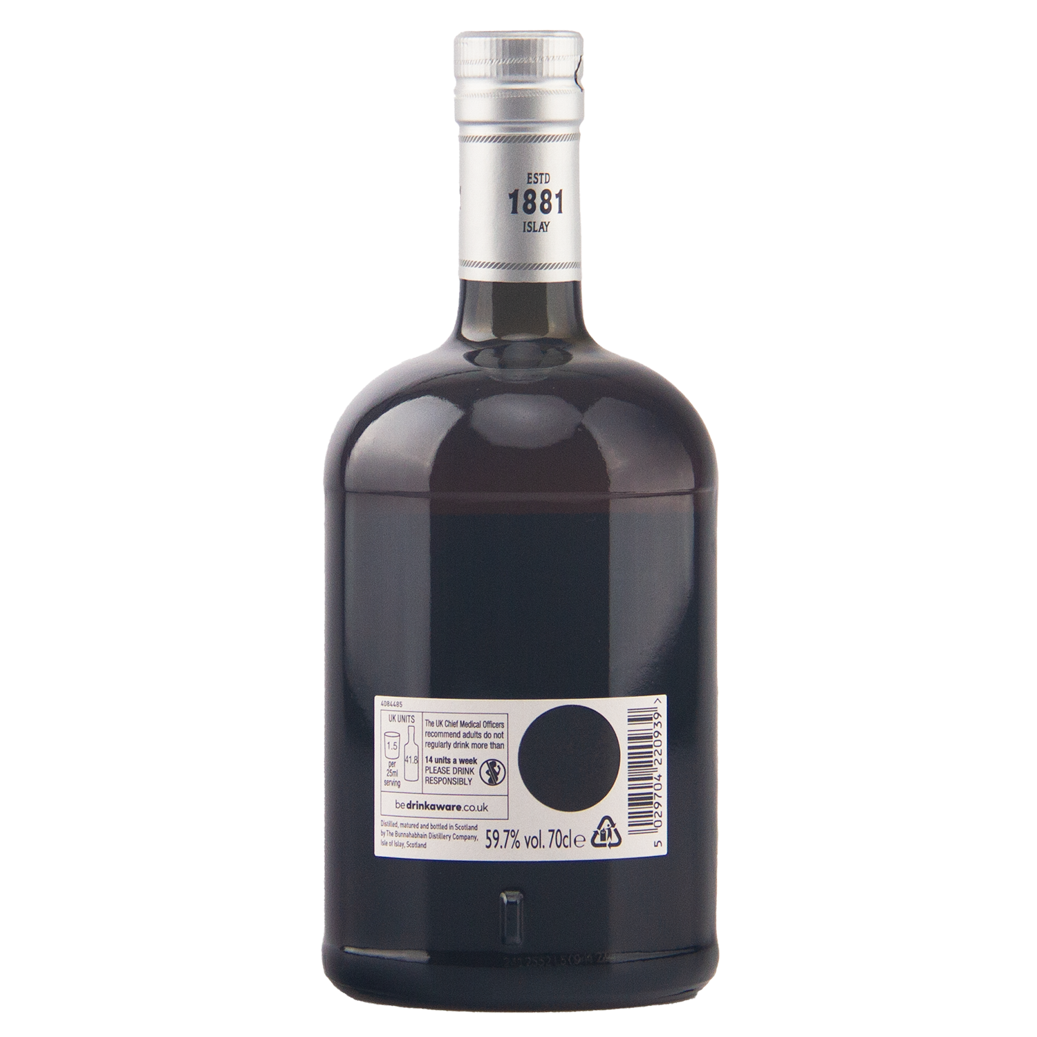 A dark glass bottle of Bruges 1881 brand liqueur, shown from the back against a plain white background.