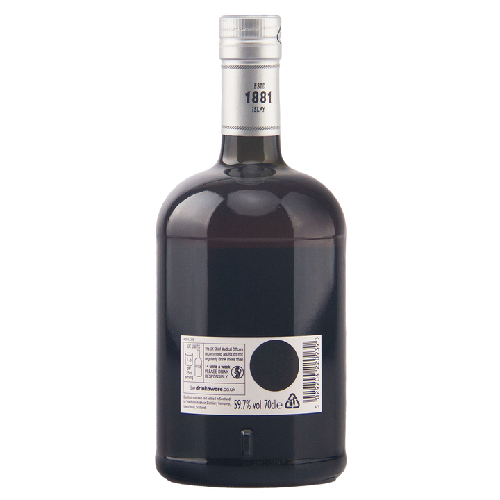 A dark glass bottle of Bruges 1881 brand liqueur, shown from the back against a plain white background.