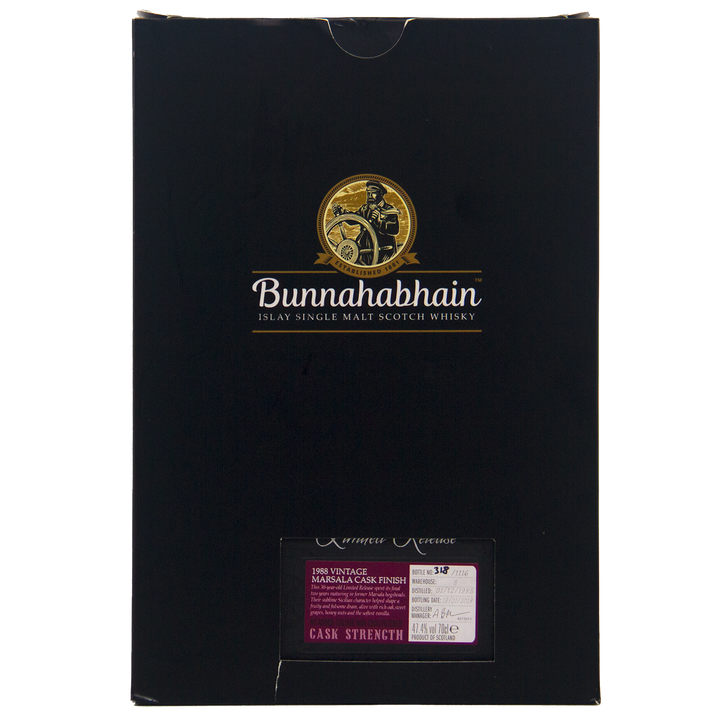 A sleek black box with the gold Bunnahabhain Single Malt Whisky logo and a small label reading “1988 Vintage Marsala Cask Finish Cask Strength”—a fitting presentation for the Bunnahabhain 30 Year Old 1988 Vintage.