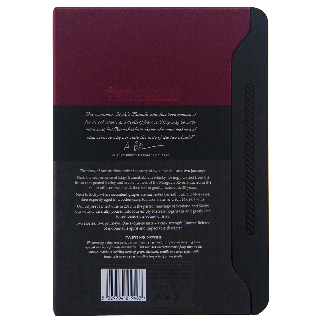 The back of a burgundy and black box for Bunnahabhain 30 Year Old 1988 Vintage single malt whisky, featuring branding, a product description, tasting notes with a focus on its aged character, and a barcode at the bottom.